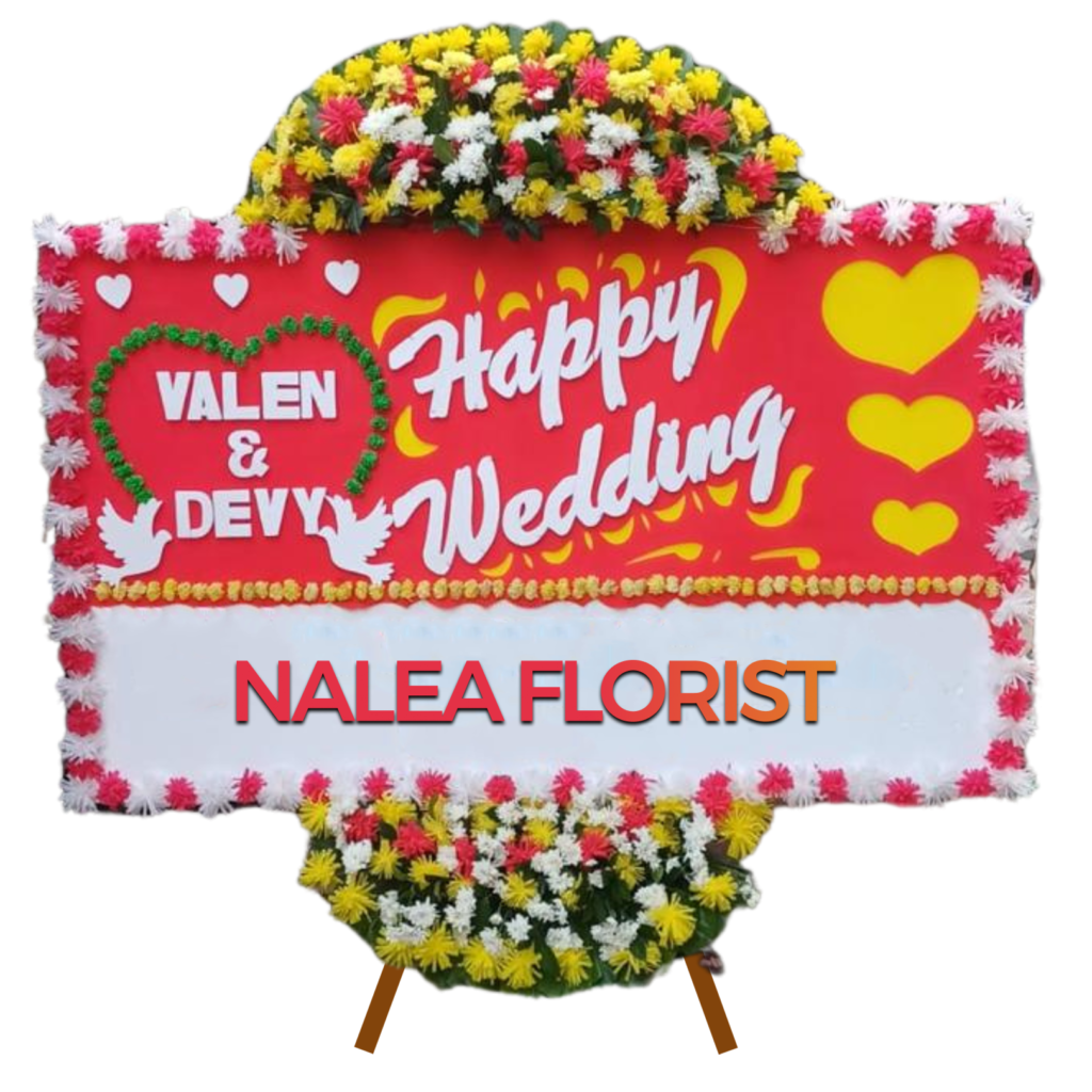 Karangan bunga papan Happy Wedding CALISTA 11 dengan rangkaian bunga segar