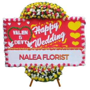 Karangan bunga papan Happy Wedding CALISTA 11 dengan rangkaian bunga segar
