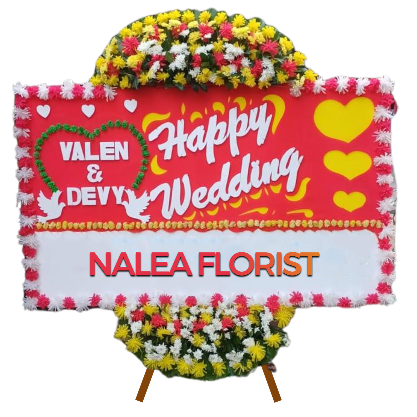 Karangan bunga papan Happy Wedding CALISTA 11 dengan rangkaian bunga segar