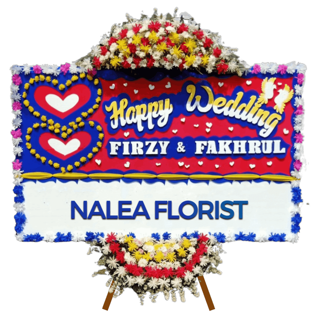Karangan Bunga papan Happy Wedding ADELIA 14 dengan rangkaian bunga segar