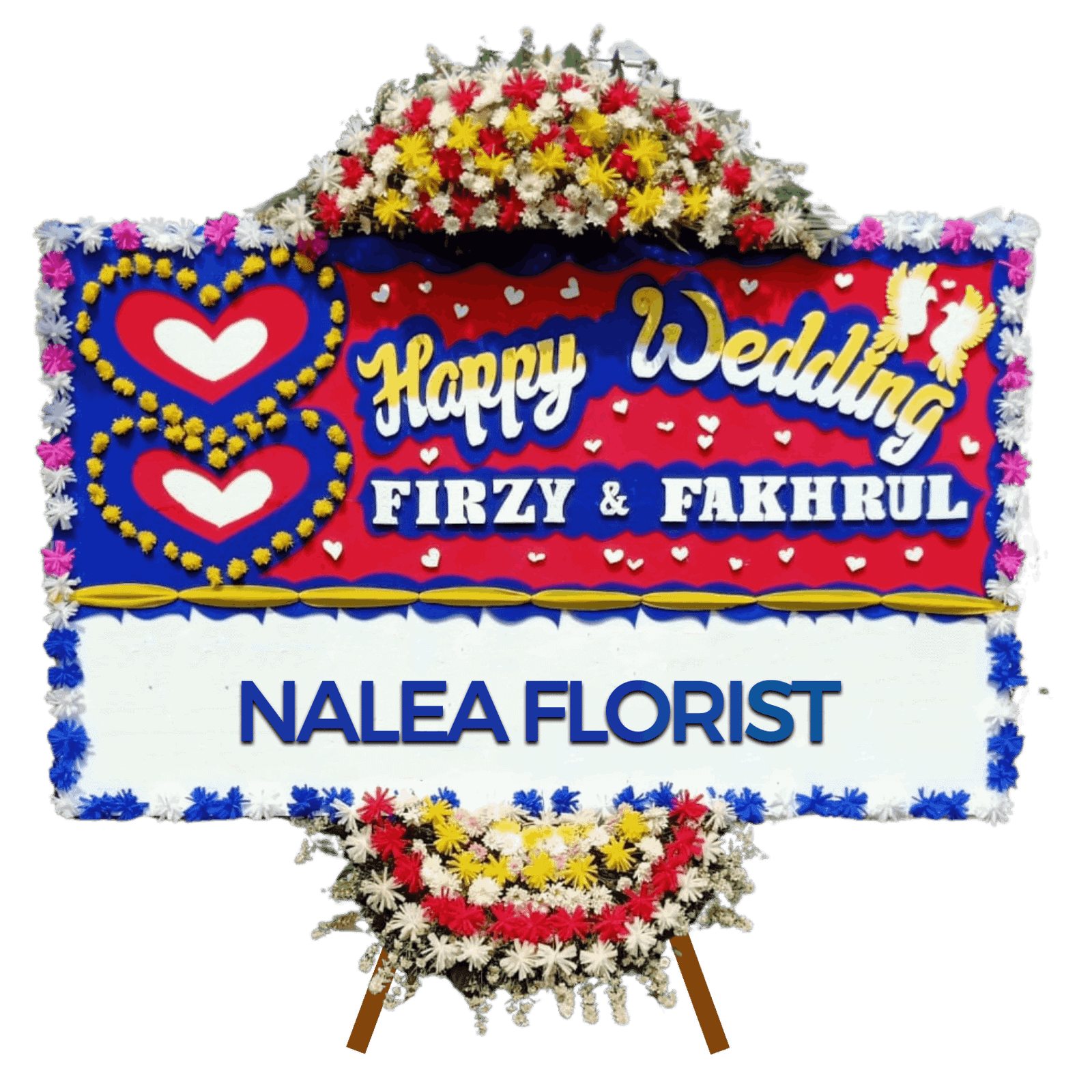 Karangan Bunga papan Happy Wedding ADELIA 14 dengan rangkaian bunga segar