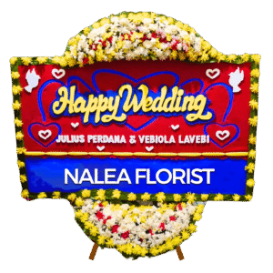 Karangan bunga papan Happy Wedding LAVENA 16 dengan rangkaian bunga segar