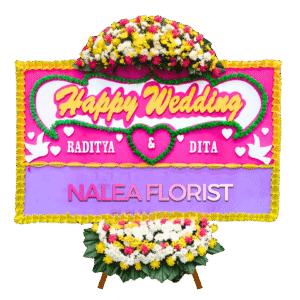Karangan bunga papan Happy Wedding ARLENA 17 dengan rangkaian bunga segar