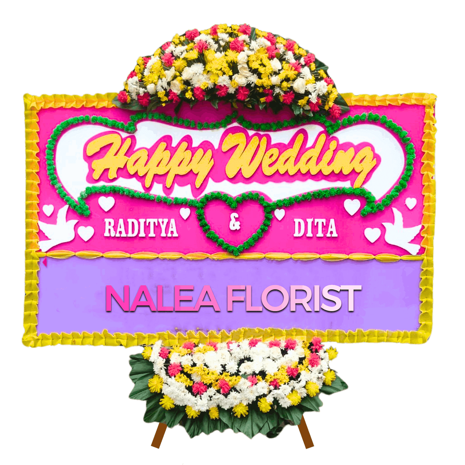 Karangan bunga papan Happy Wedding ARLENA 17 dengan rangkaian bunga segar