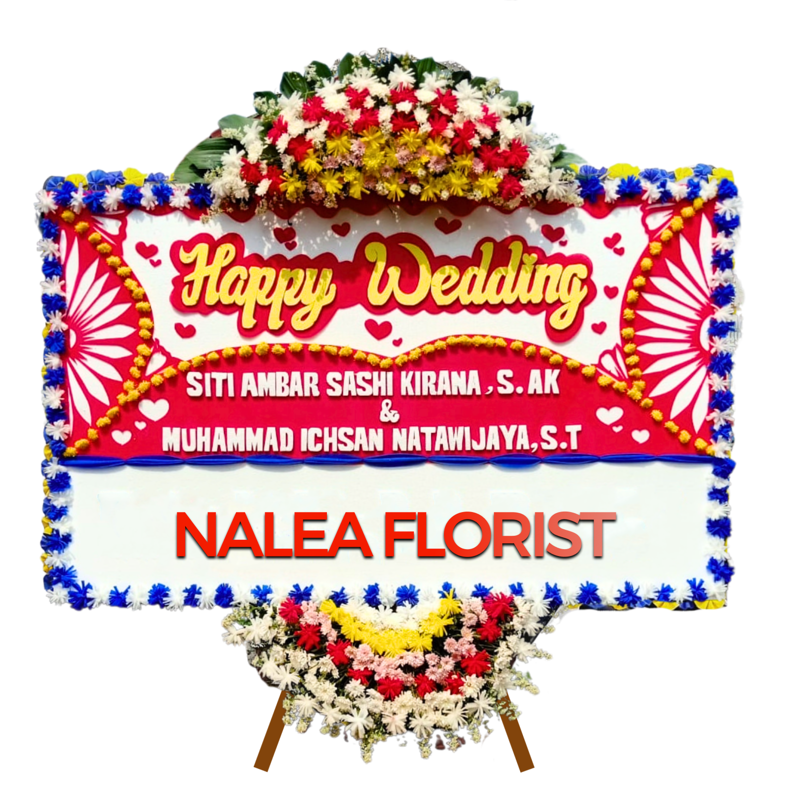 Karangan bunga papan Happy Wedding MAGDALENA 27 dengan rangkaian bunga segar