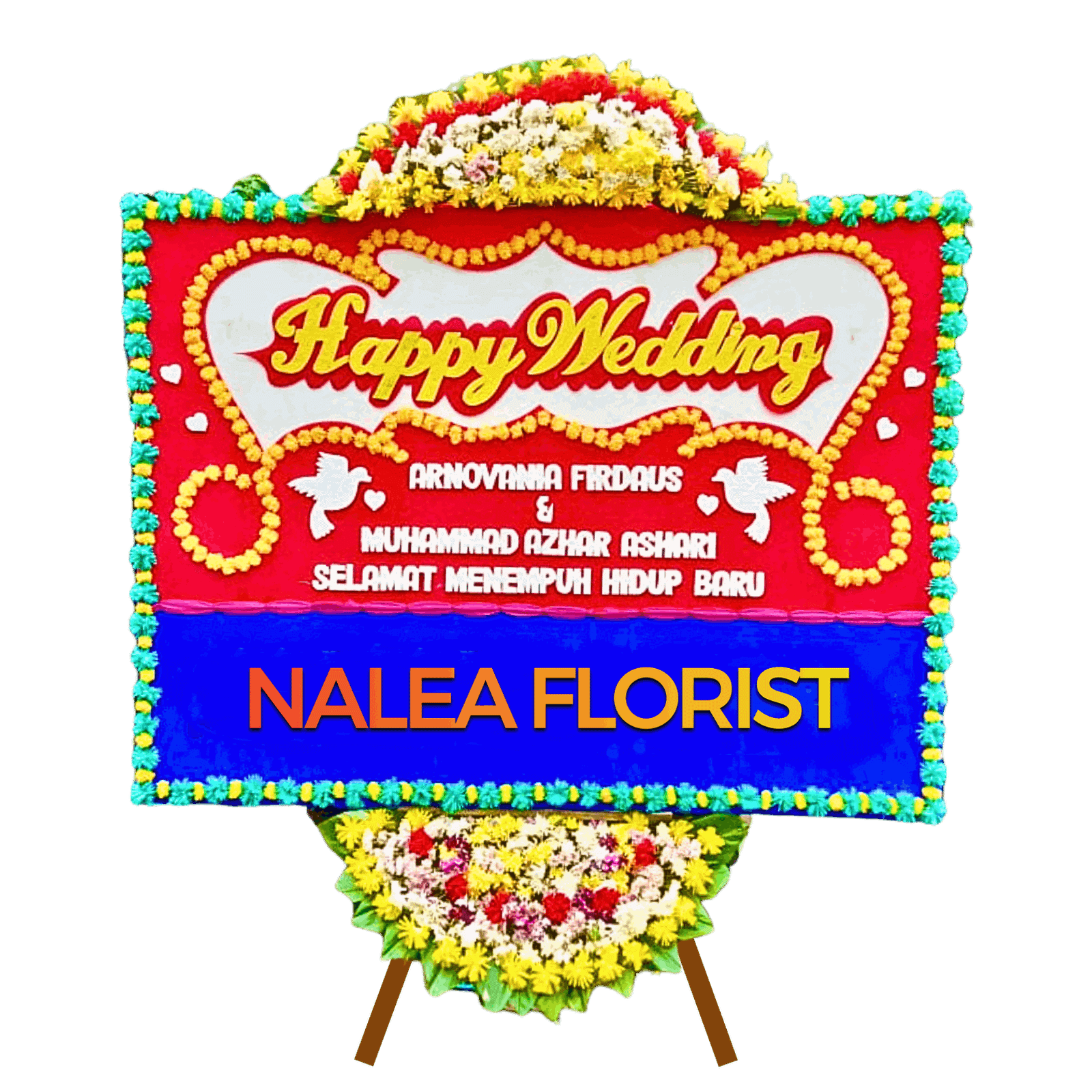 Karangan bunga papan Happy Wedding EVELYN 05 dengan rangkaian bunga segar