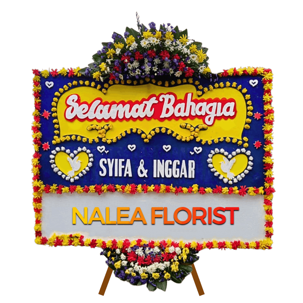 Karangan bunga papan Happy Wedding KAMILA 11 dengan rangkaian bunga segar