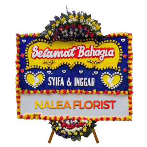 Karangan bunga papan Happy Wedding KAMILA 11 dengan rangkaian bunga segar