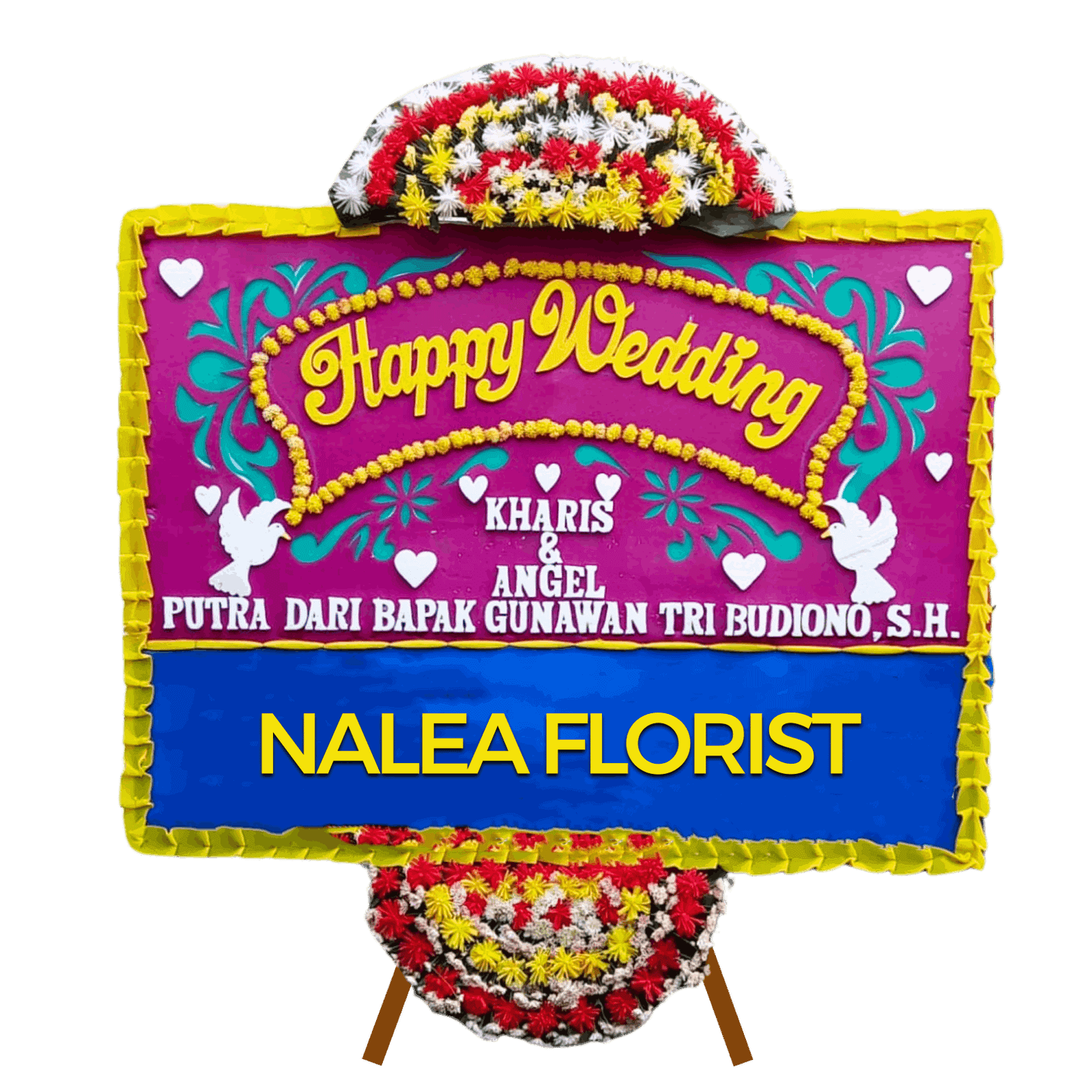Karangan bunga papan Happy Wedding Nalea Florist WINONA 23 dengan rangkaian bunga segar