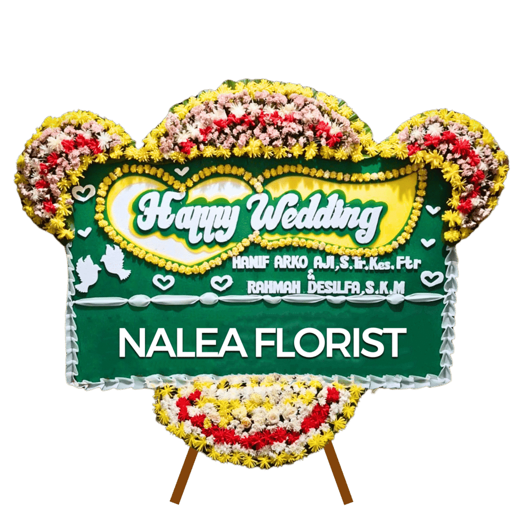 Karangan bunga papan happy wedding nalea florist AMELIA 01 dengan rangkaian bunga segar