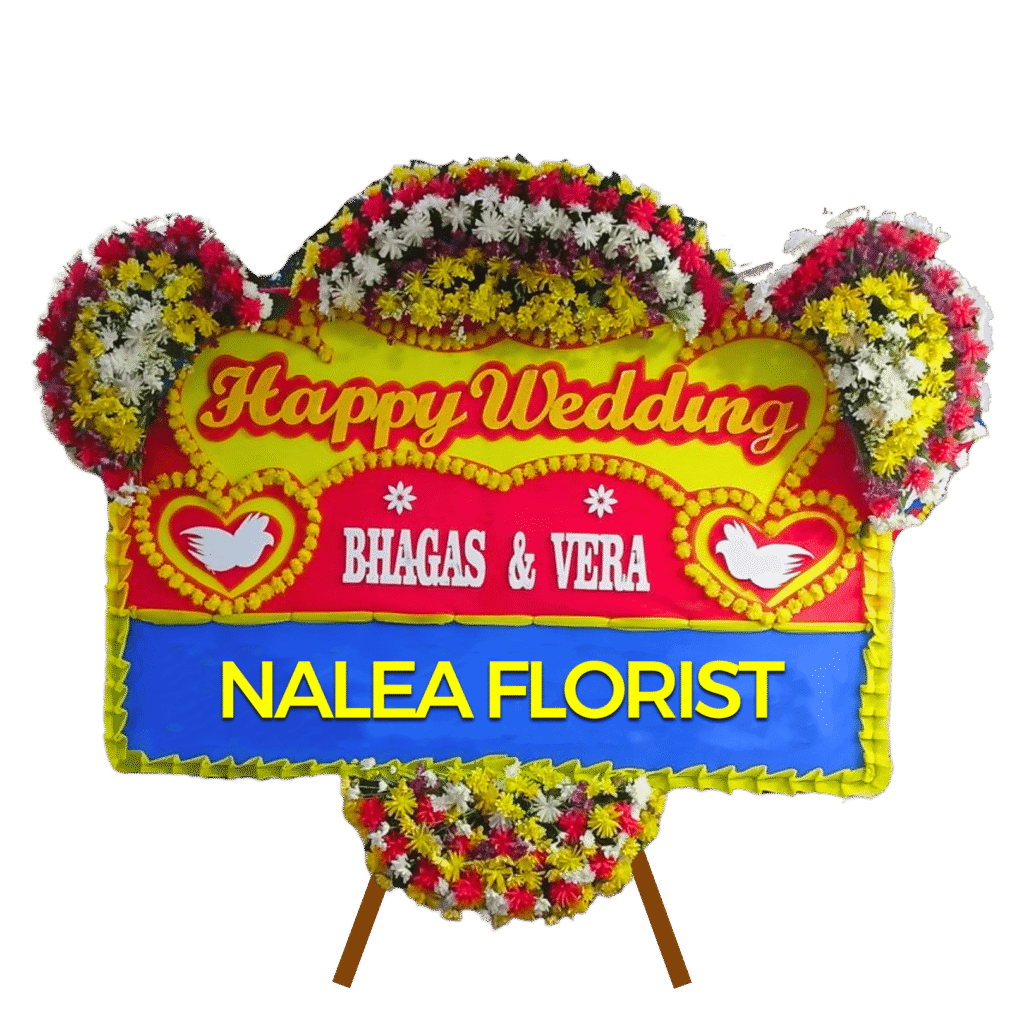 Karangan bunga papan Happy Wedding Nalea Florist HANNA 08 dengan rangkaian bunga segar