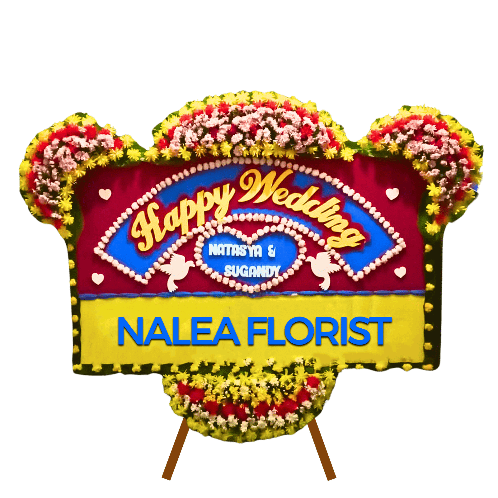 Karangan bunga papan Happy Wedding Nalea Florist PAULINA 16 dengan rangkaian bunga segar