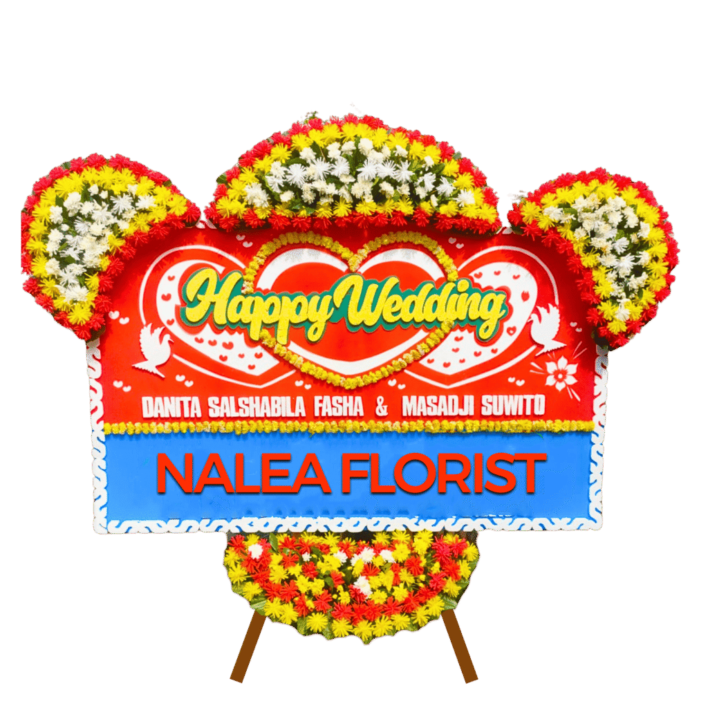 Karangan bunga papan Happy Wedding Nalea Florist QUEENARA 17 dengan rangkaian bunga segar