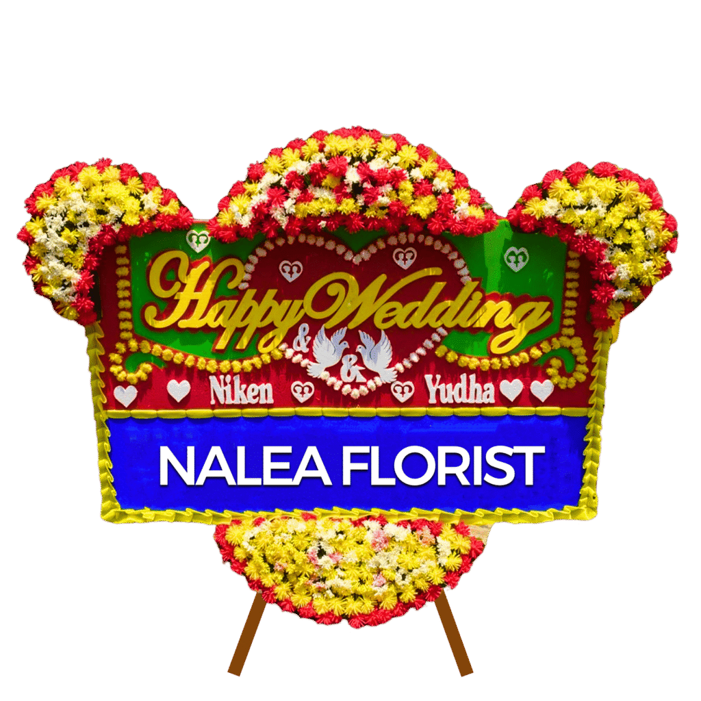 Karangan bunga papan Happy Wedding Nalea Florist XENIA 24 dengan rangkaian bunga segar