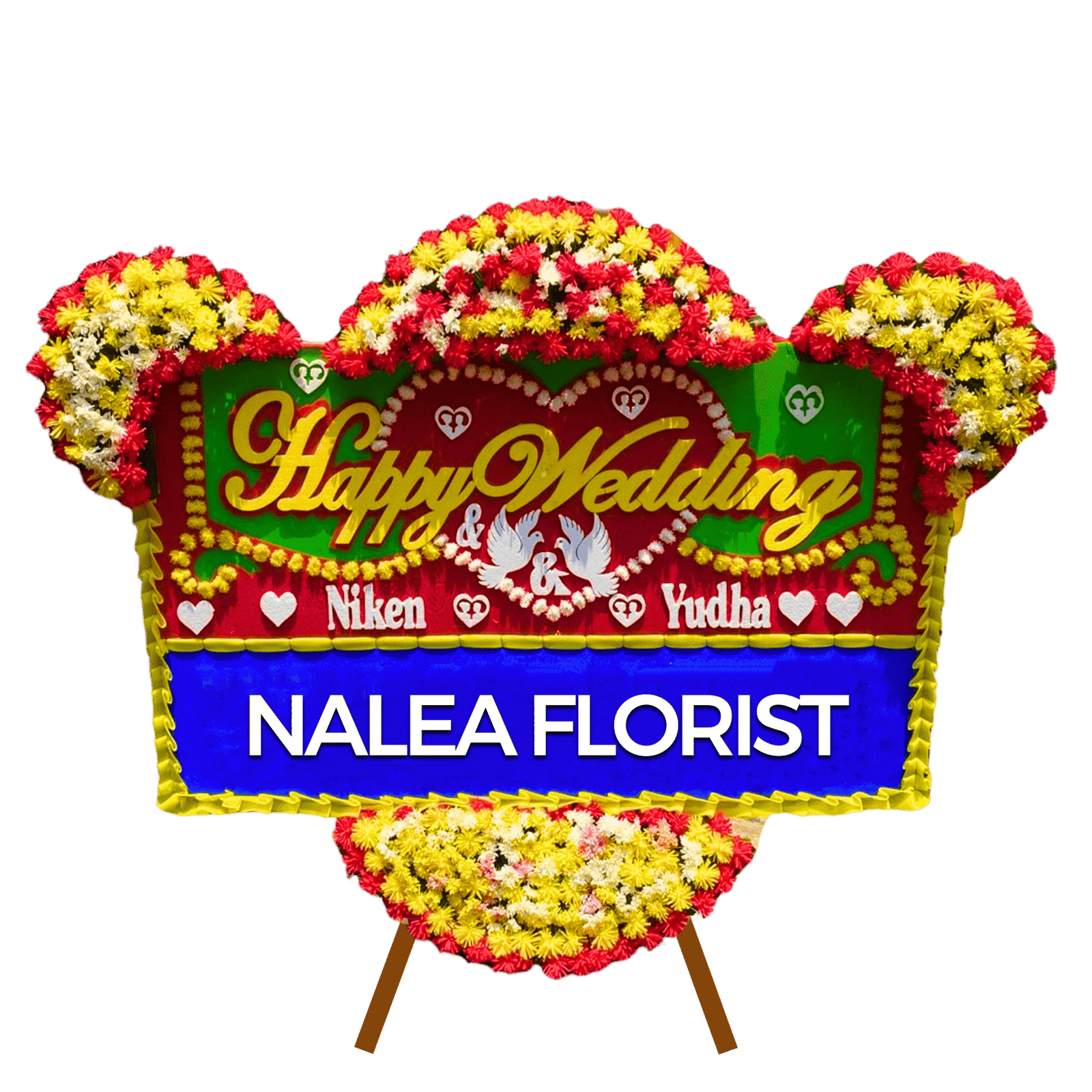 Karangan bunga papan Happy Wedding Nalea Florist XENIA 24 dengan rangkaian bunga segar