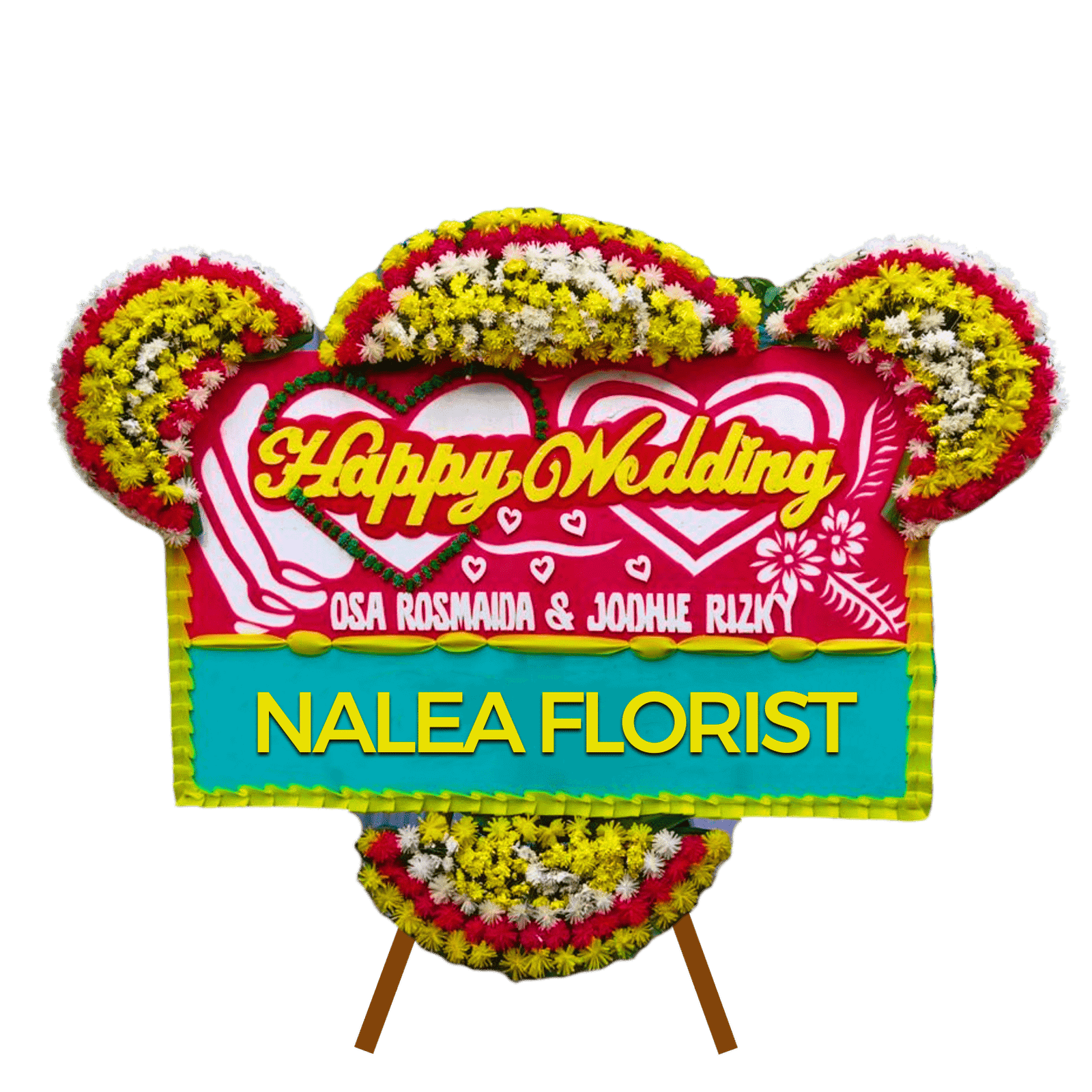Karangan bunga papan Happy Wedding Nalea Florist YOLANDA 25 dengan rangkaian bunga segar