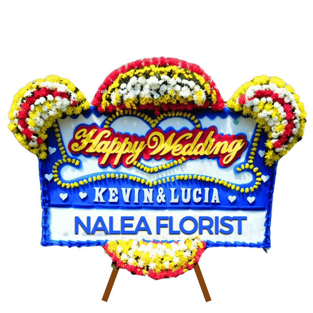 Karangan bunga papan Happy Wedding Nalea Florist ZAHRA 26 dengan rangkaian bunga segar