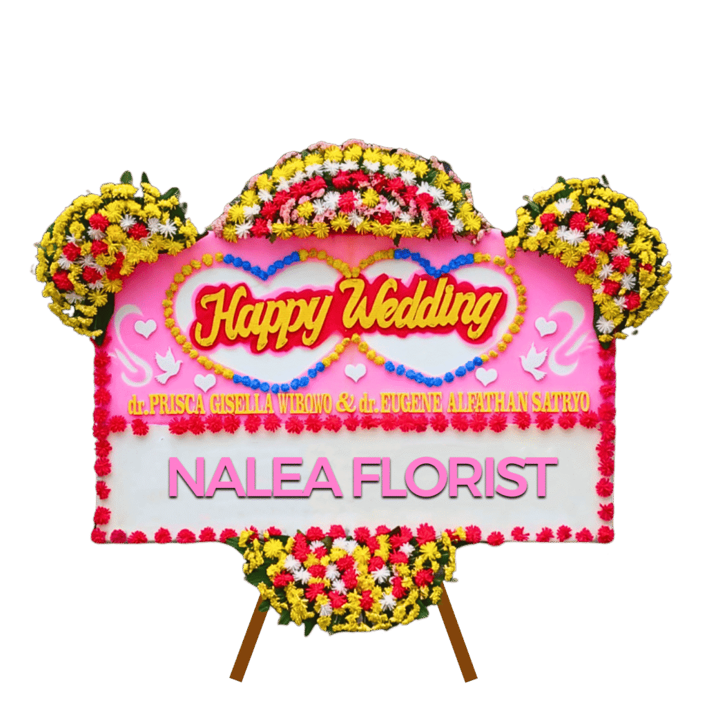 Karangan bunga papan Happy Wedding Nalea Florist KEZIA 36 dengan rangkaian bunga segar