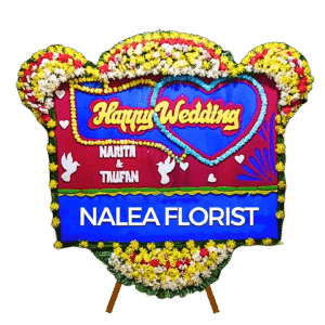 Karangan bunga papan Happy Wedding Nalea Florist ULANI 21 dengan rangkaian bunga segar