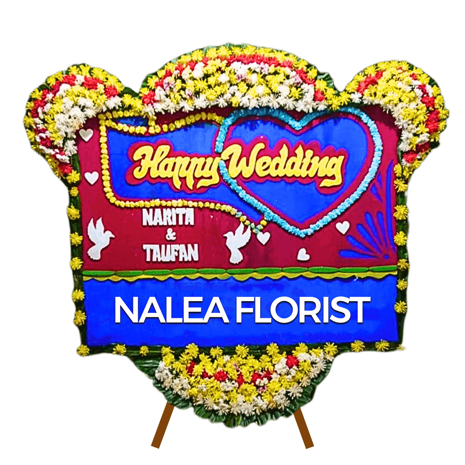 Karangan bunga papan Happy Wedding Nalea Florist ULANI 21 dengan rangkaian bunga segar