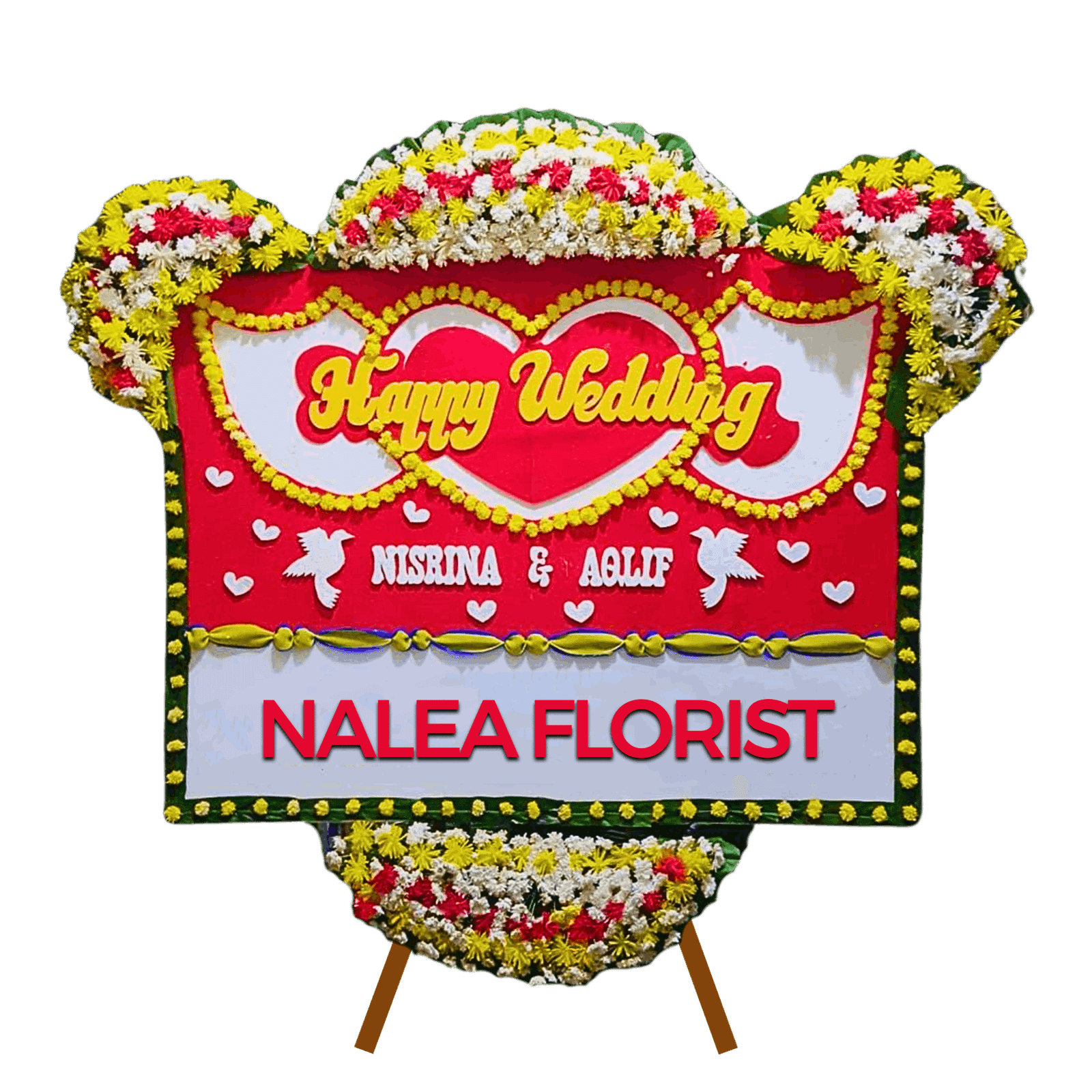 Karangan bunga papan Happy Wedding Nalea Florist VIOLETTA 22 dengan rangkaian bunga segar