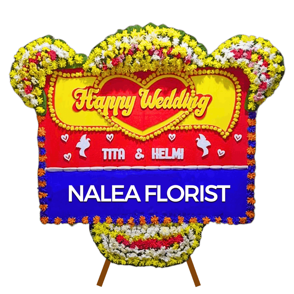 Karangan bunga papan Happy Wedding Nalea Florist YVETTE 24 dengan rangkaian bunga segar