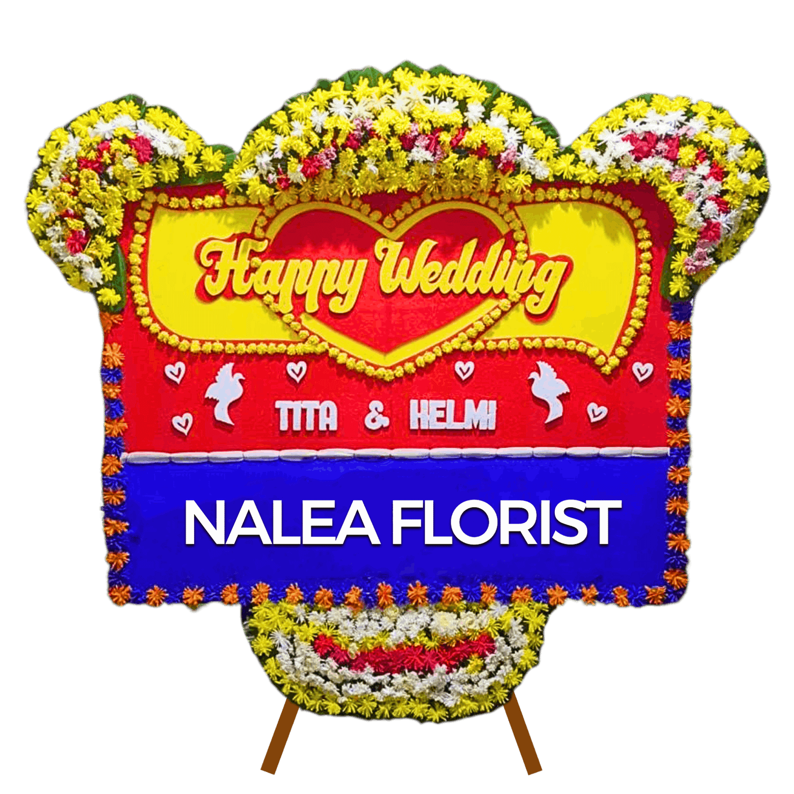 Karangan bunga papan Happy Wedding Nalea Florist YVETTE 24 dengan rangkaian bunga segar