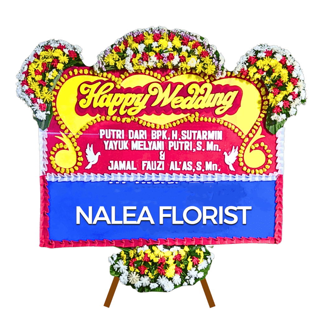 Karangan bunga papan Happy Wedding Nalea Florist ZARIA 25 dengan rangkaian bunga segar