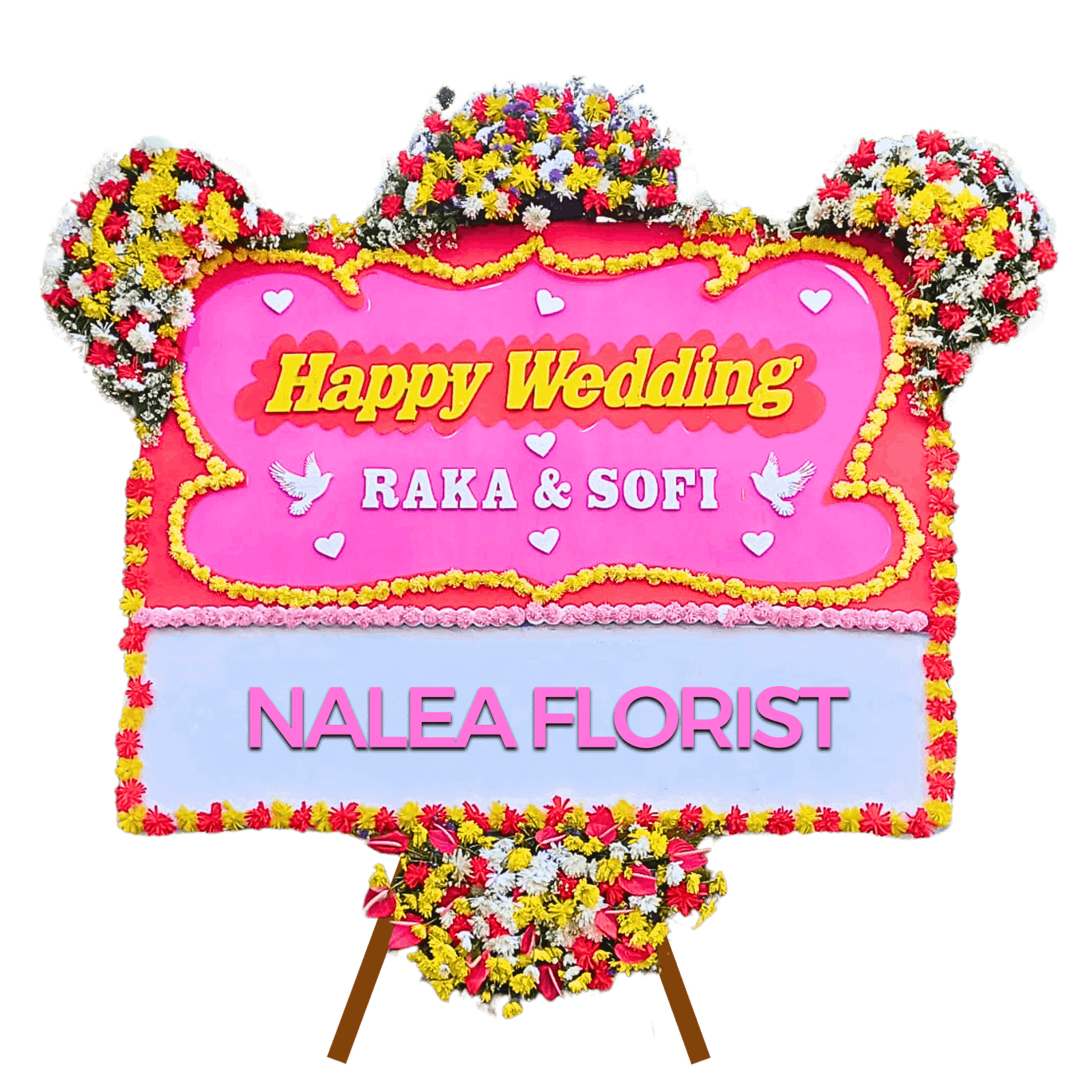Karangan bunga papan Happy Wedding Nalea Florist DOROTHEA 29 dengan rangkaian bunga segar