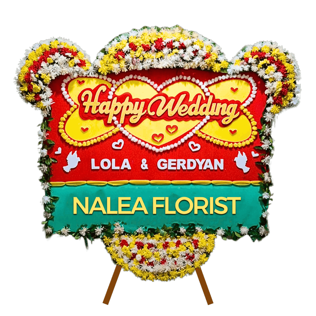 Karangan bunga papan Happy Wedding Nalea Florist GUINEVERE 32 dengan rangkaian bunga segar