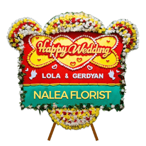 Karangan bunga papan Happy Wedding Nalea Florist GUINEVERE 32 dengan rangkaian bunga segar
