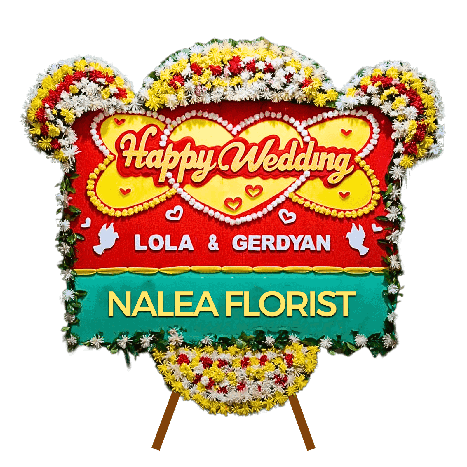 Karangan bunga papan Happy Wedding Nalea Florist GUINEVERE 32 dengan rangkaian bunga segar