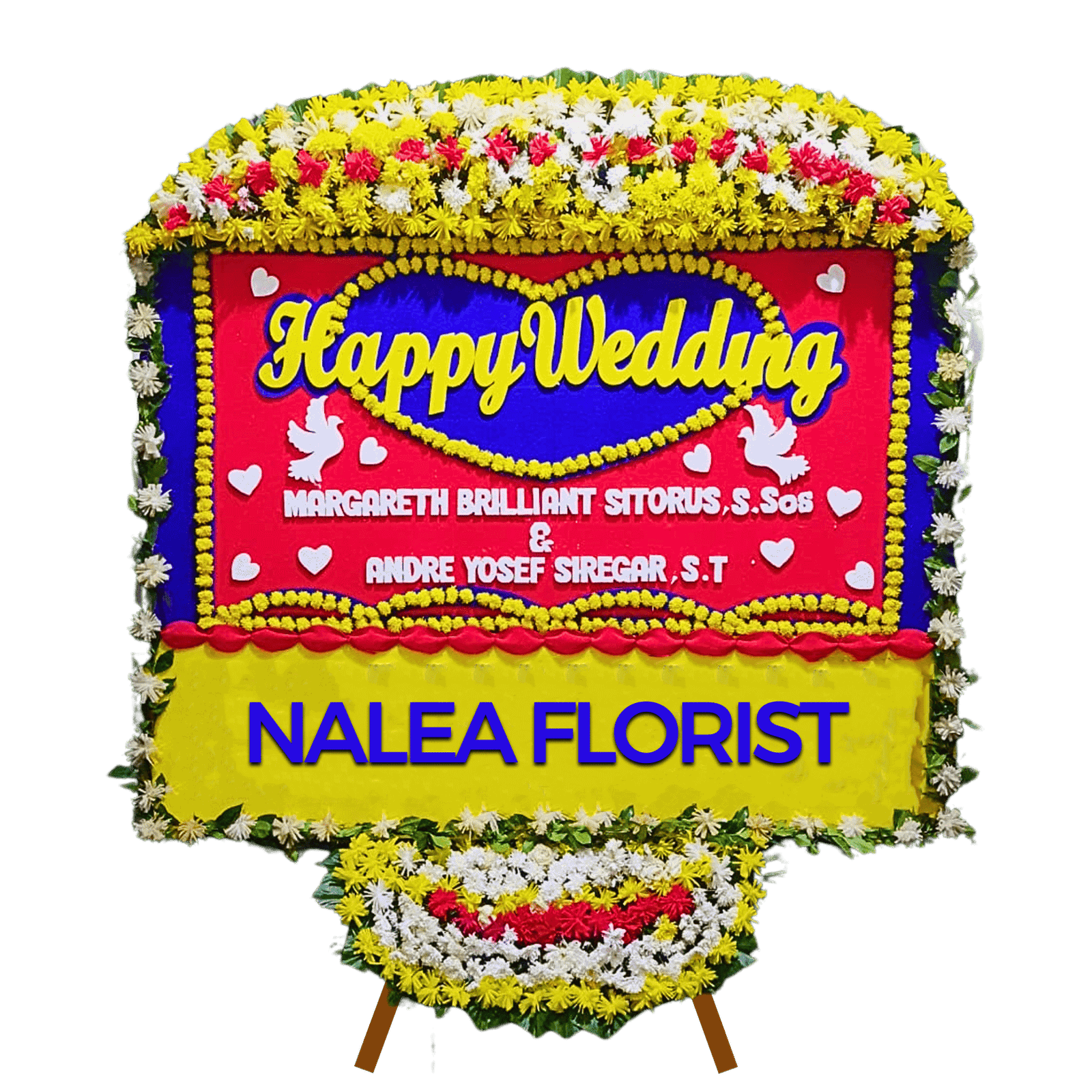 Karangan bunga papan Happy Wedding Nalea Florist MELANIE 13 dengan rangkaian bunga segar