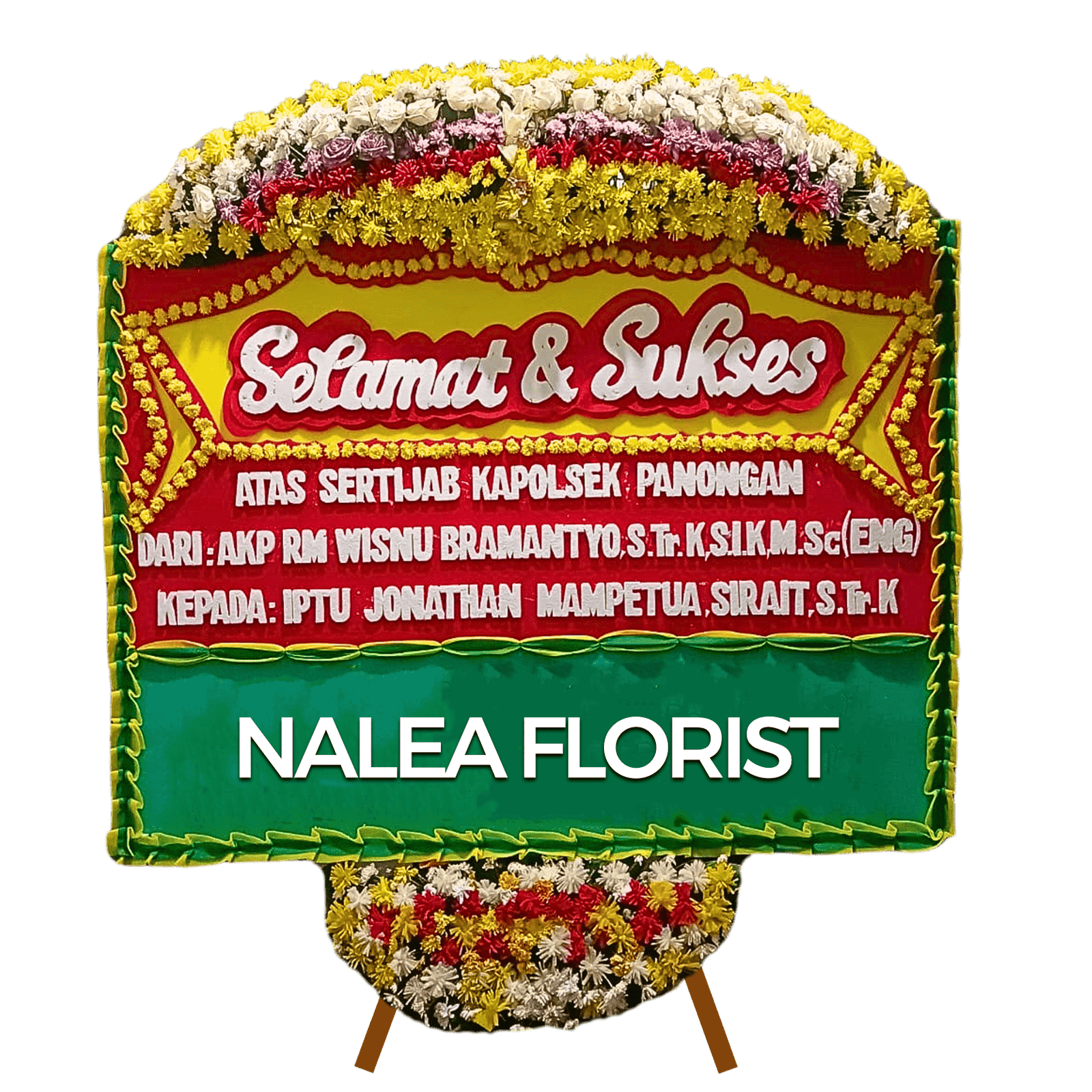 Karangan bunga papan selamat sukses Nalea Florist THERESIA 18 dengan rangkaian bunga segar