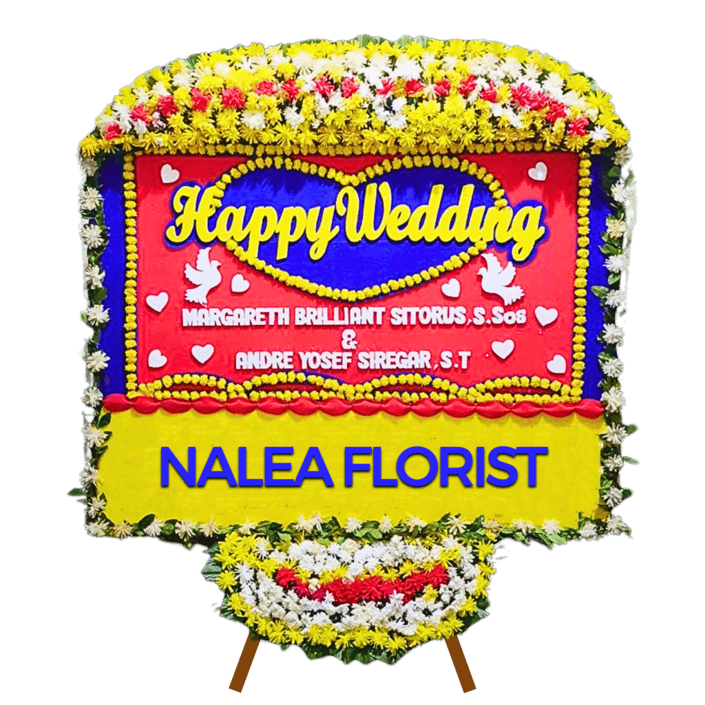 Karangan bunga papan Happy Wedding Nalea Florist XAVIERA 22 dengan rangkaian bunga segar
