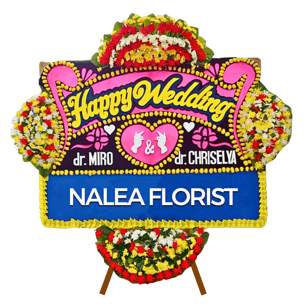 Karangan bunga papan Happy Wedding Nalea Florist ELARIS 01 dengan rangkaian bunga segar