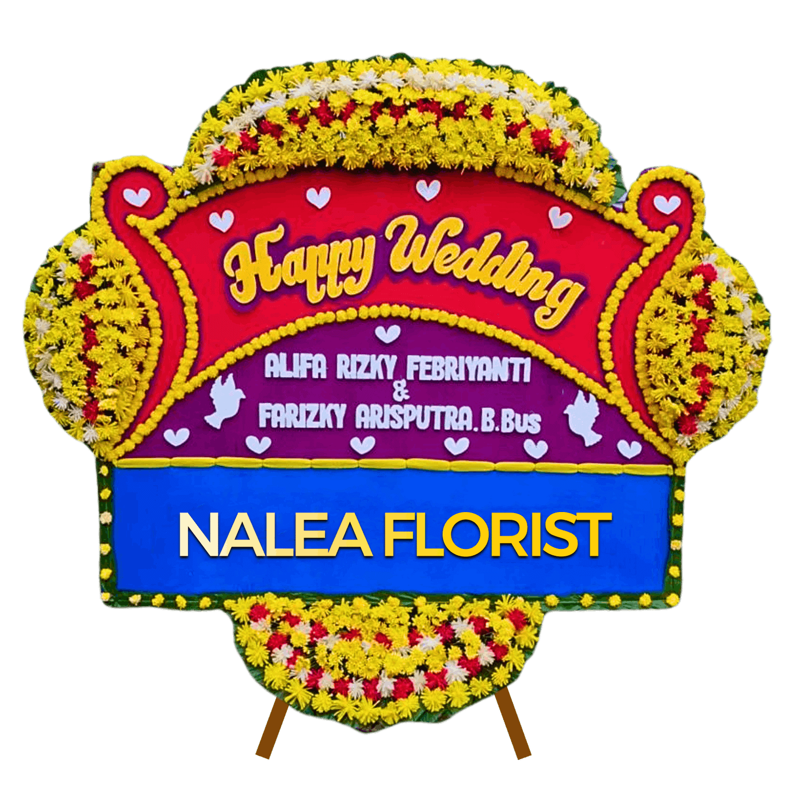 Karangan bunga papan Happy Wedding Nalea Florist ELVORIA 03 dengan rangkaian bunga segar
