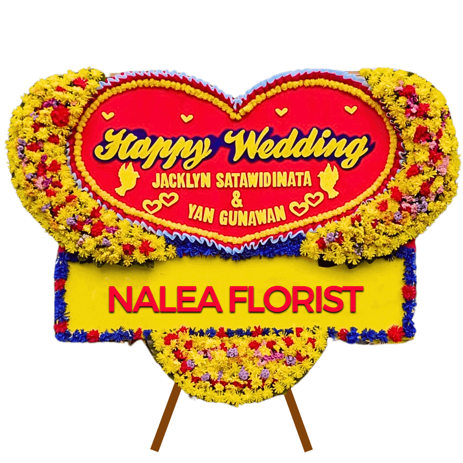 Karangan bunga papan Happy Wedding Nalea Florist LAVESSA 01 dengan rangkaian bunga segar