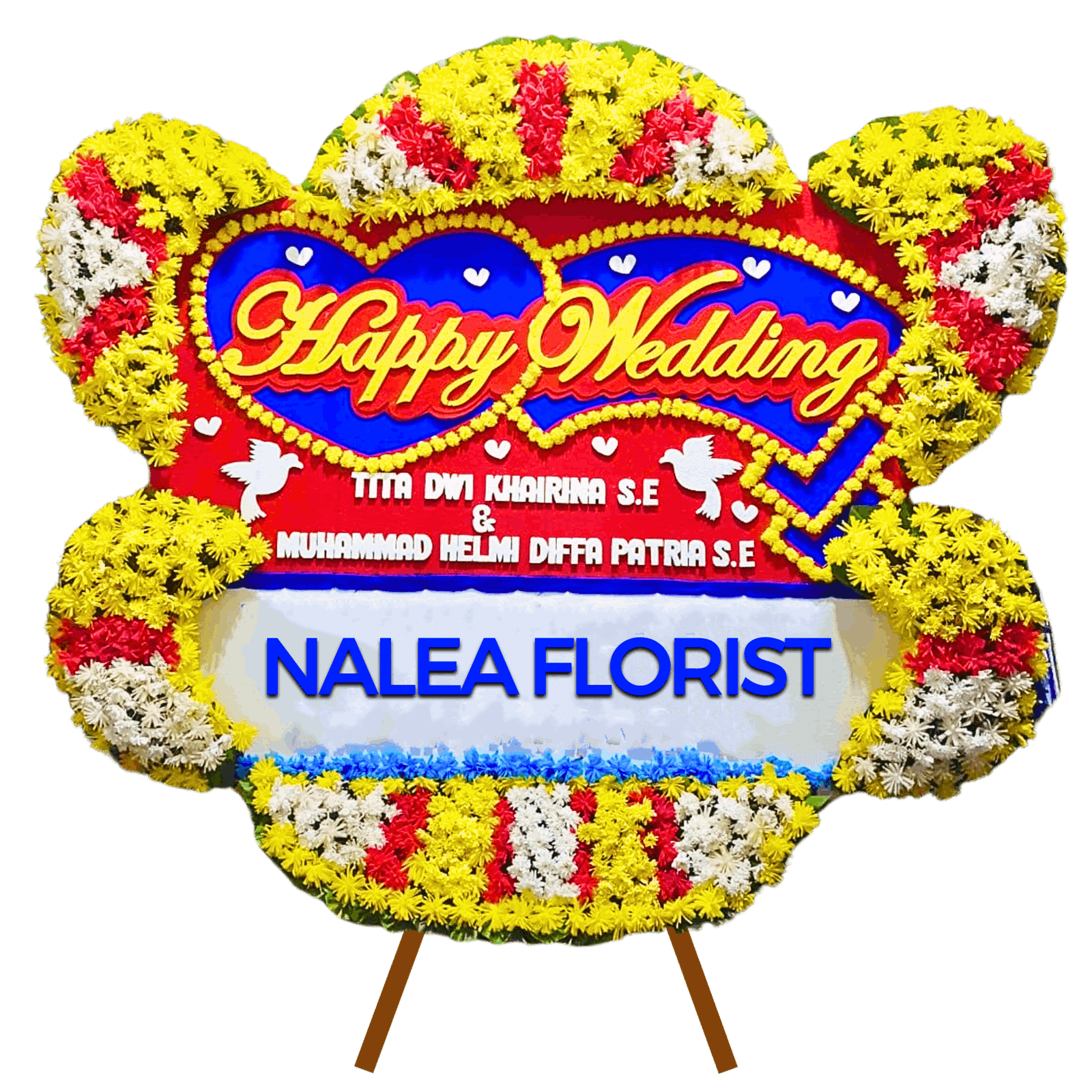 Karangan bunga papan Happy Wedding Nalea Florist ORLAVESSA 01 dengan rangkaian bunga segar
