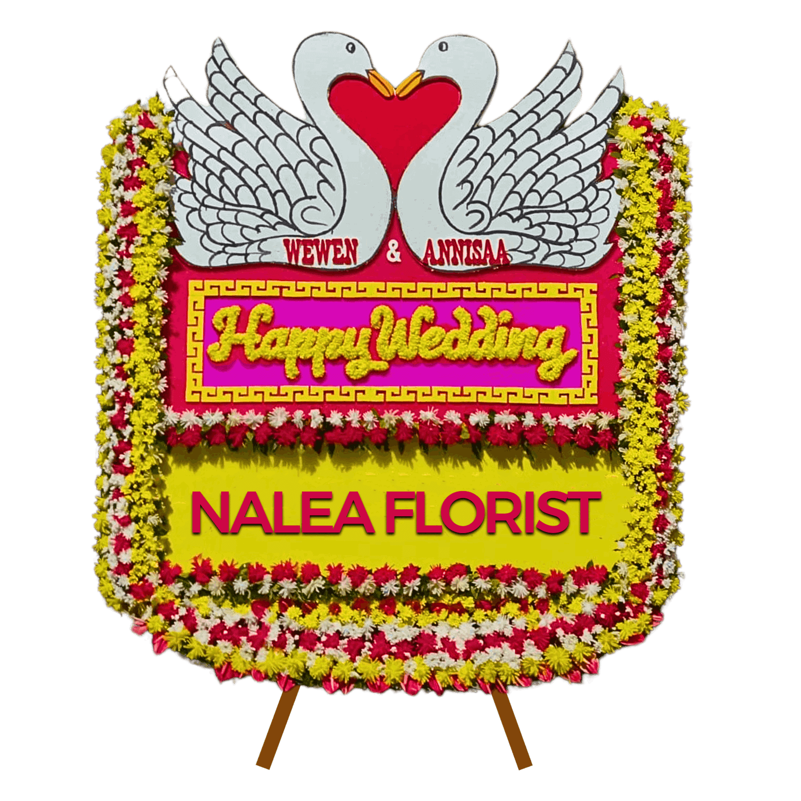 Karangan bunga papan Happy Wedding Nalea Florist ORAVENZA 06 dengan rangkaian bunga segar